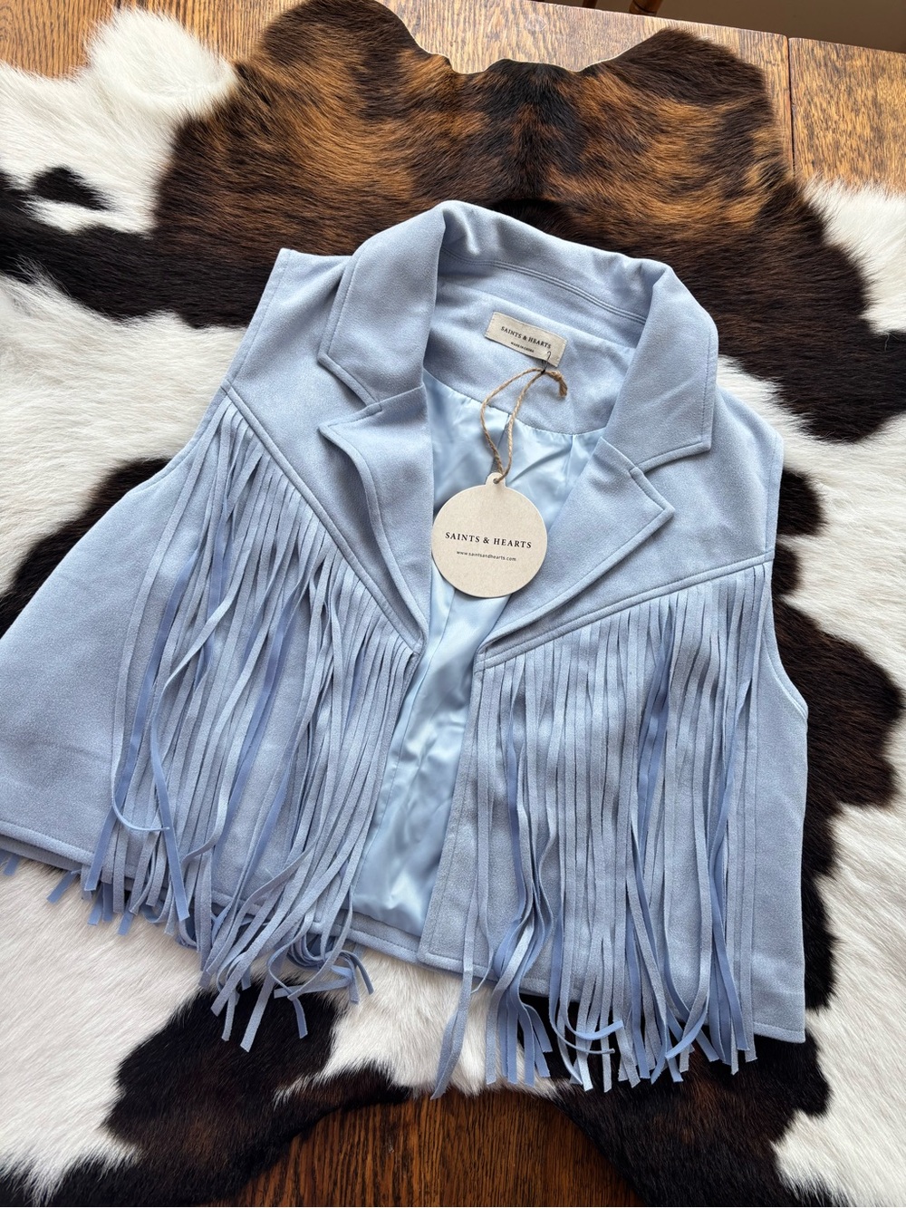Saints & Hearts Light Blue Suede Fringe Vest
